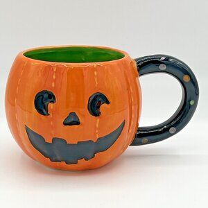 Pier 1 Imports Jack O Lantern Mug Pumpkin Hand Painted Dolomite Halloween‎ Cup